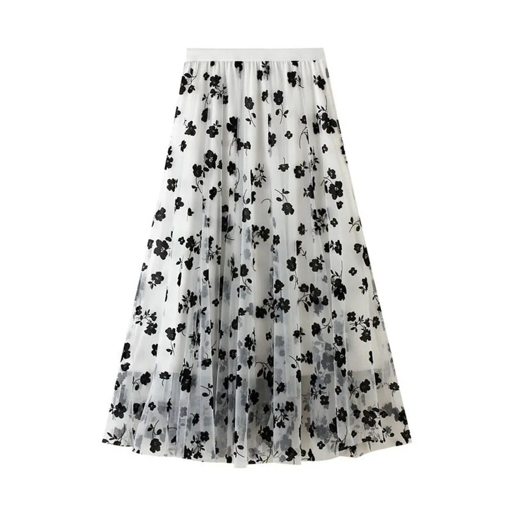 Jupe florale taille haute pour femme, jupe en tulle, maille plissée, midi, élastique, décontracté, vintage, dames, femme, automne, hiver