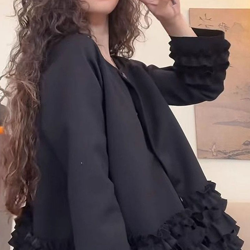 Manteau pour femme, design tendance, bordure à volants, manteau noir, idéal pour le printemps et l’automne, beau col rond, coupe ample, manches longues, vêtement d’extérieur décontracté.