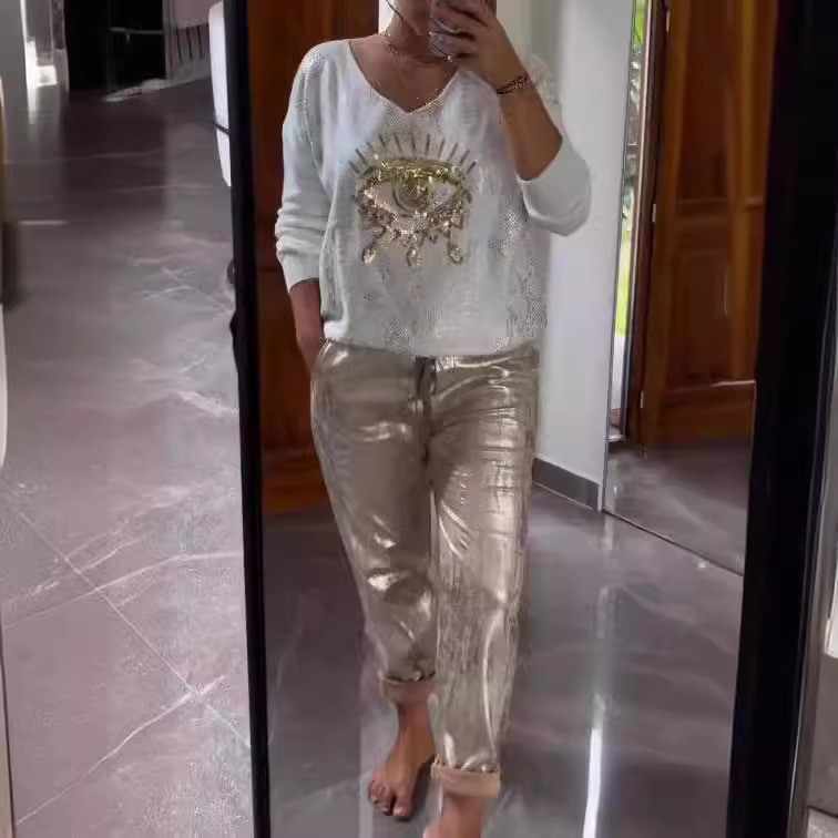 Ensemble pantalon 2 pièces, col en v, manches longues, pull à paillettes, haut à lacets, pantalon droit, costume, nouveaux vêtements pour femmes