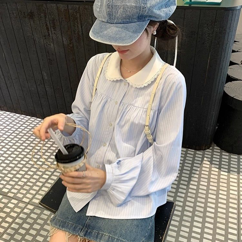 Chemise rayée à manches longues pour femmes, chemisier chic, style preppy coréen, tout match, col rabattu, mode printemps, nouveau