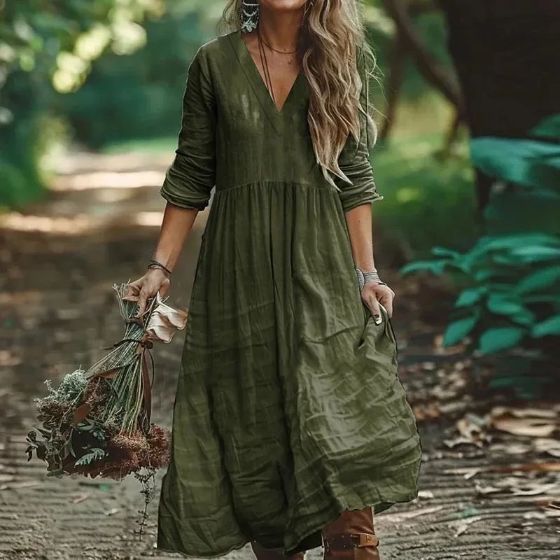 Robes pour femmes 2026 : Nouvelles robes longues plissées en coton et lin, couleur unie, col en V, très populaires – Vêtements féminins