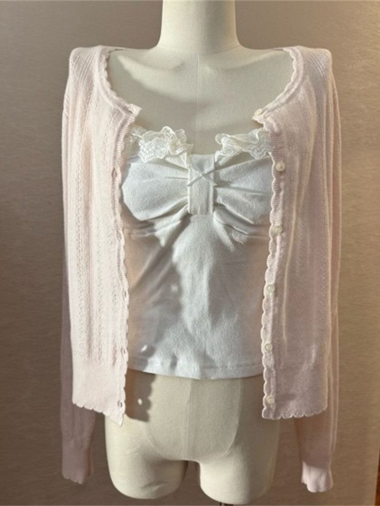 Ensemble 3 pièces mode coréenne pour femme : Cardigan en maille blanc à coupe ajustée avec nœud en dentelle et manches longues à volants, débardeur et jupe courte rose Kawaii