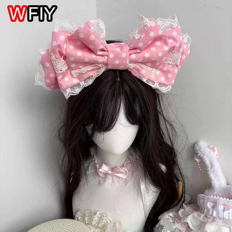 Serre-tête original fait main à pois rose clair à trois couches, style Lolita, pour fête du thé, accessoire de cheveux grande taille KC