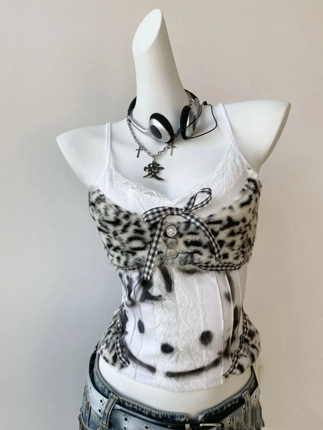 Débardeur léopard Patchwork pour femmes, garniture en dentelle, Camisole sans manches avec détail de nœud, esthétique Grunge, Sexy, Streetwear, gilet 2025