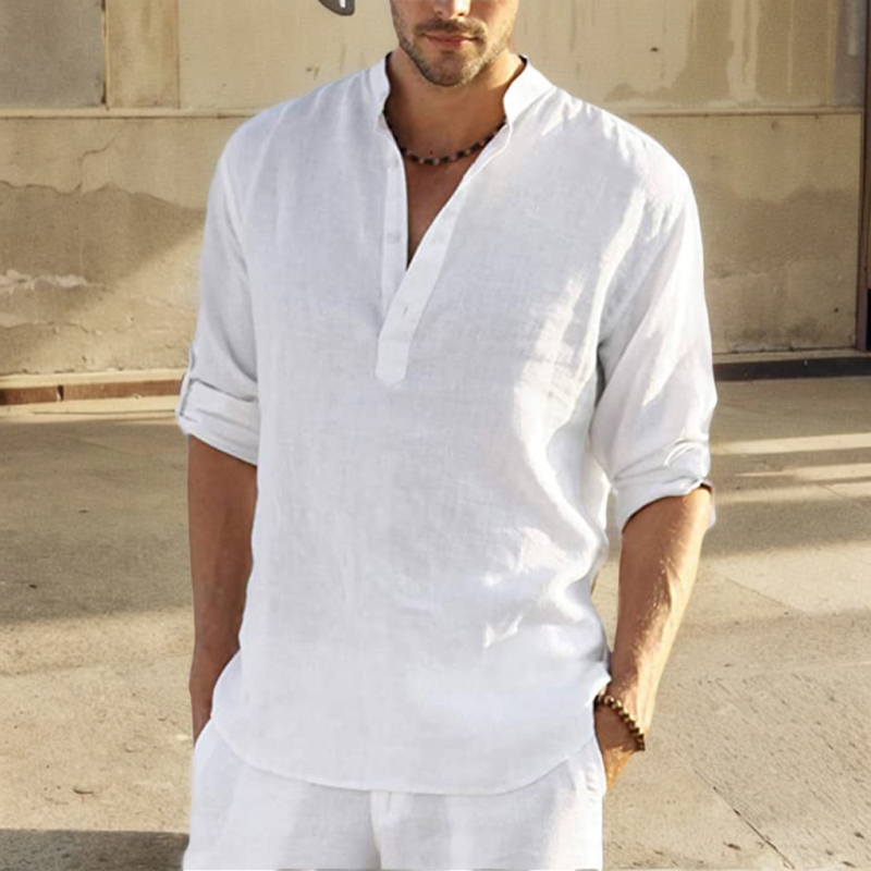 Chemise en lin de coton pour hommes, chemisier décontracté, col montant, t-shirt à manches longues pur, beau haut ajusté, vêtements pour hommes, mode