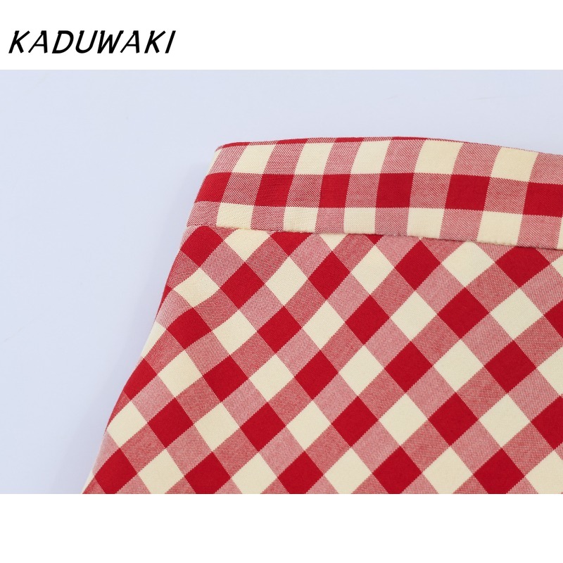 Jupe mi-longue élégante KADUWAKI pour femme, imprimé gingham rouge, coupe trapèze, ourlet évasé, taille haute, décontractée pour pique-niques et sorties en extérieur