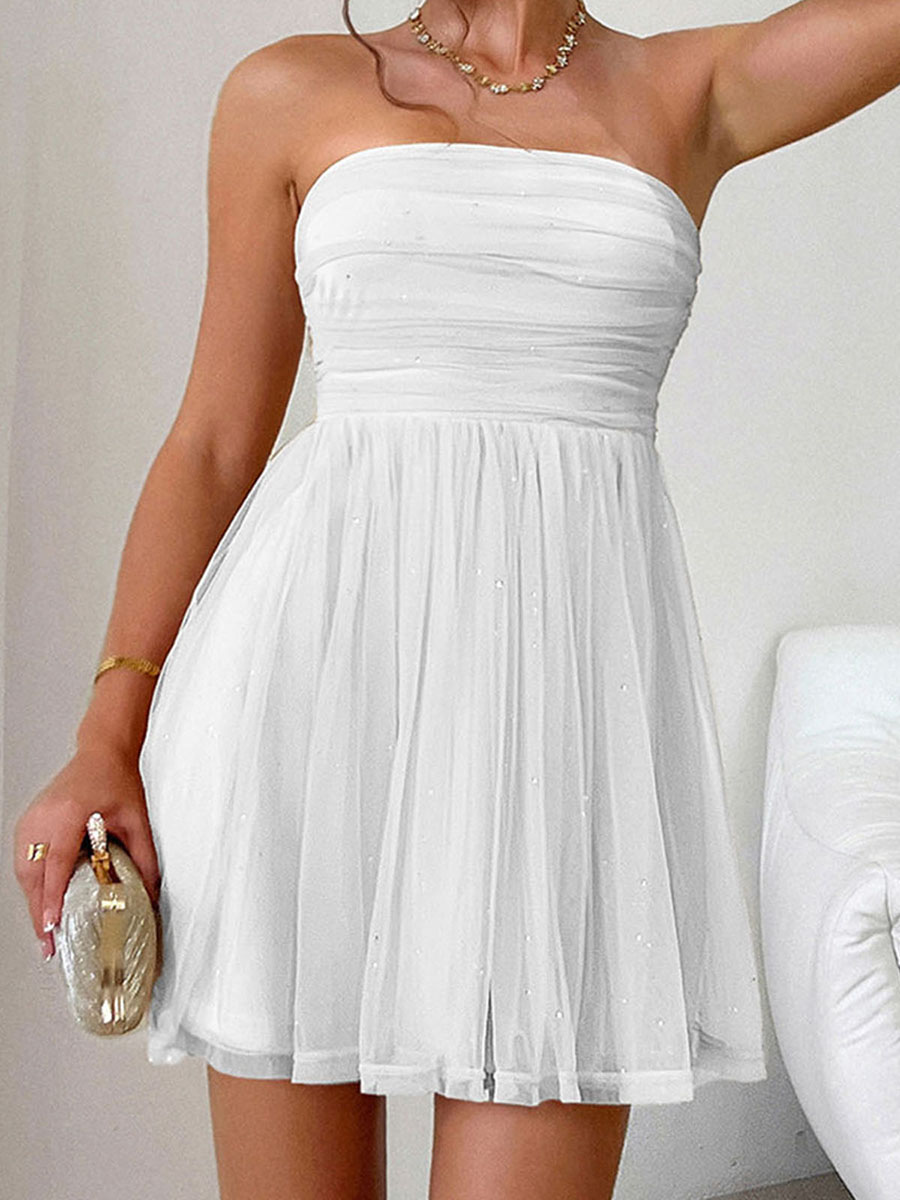 Robe tubulaire sans bretelles à nœud pour femme, robes gonflées A-ligne brillantes pour soirée, été