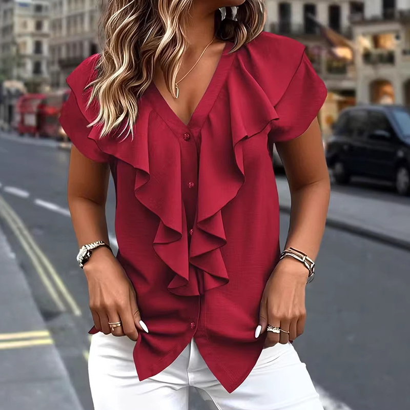Chemisier Femme Tendance Blanc Vert à Volants Boutonné Col en V – Blouse Basique à Manches Courtes pour le Bureau