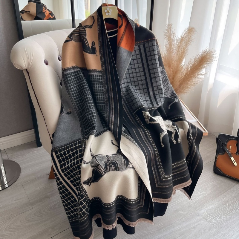 POBING Nouvelle Écharpe d'Hiver Tendance pour Femme, en Cachemire Doux et Chaud, Pashmina à Motif Cheval Écossais, Châle Épais, Écharpes, Foulards, Étoles à Pompons