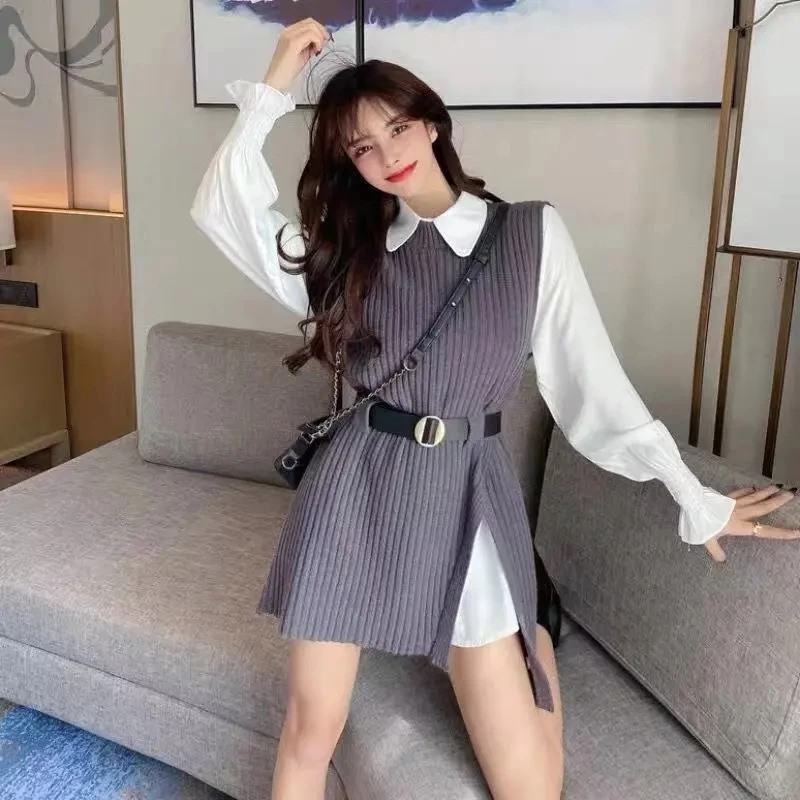 Femmes tricoté gilet 2 deux pièces ensemble chemise à manches longues lanterne 2025 printemps automne femmes chemises ensembles sans manches pull hauts