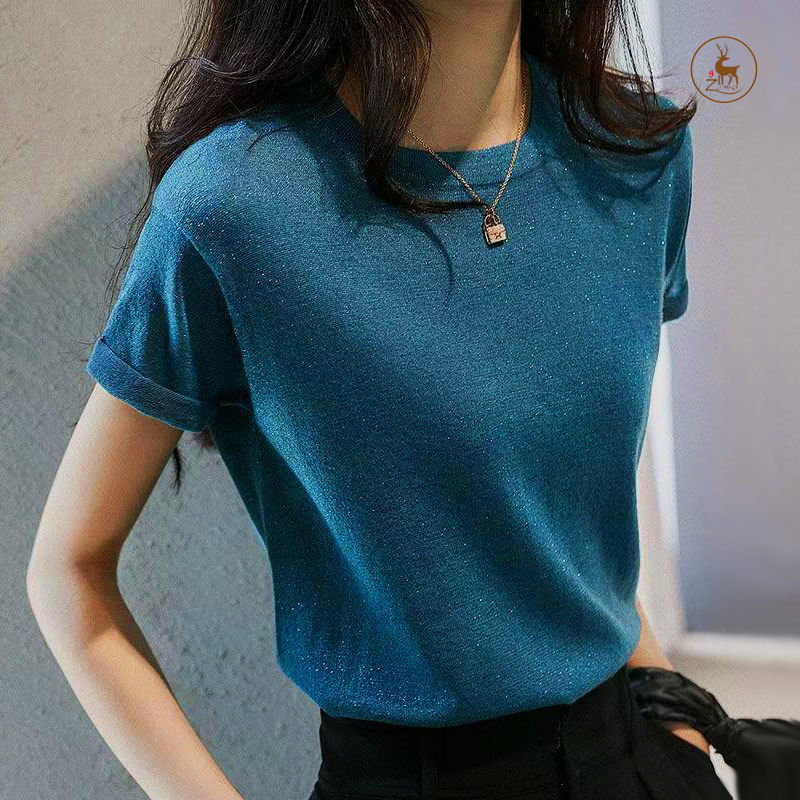 Soie brillante tricoté à manches courtes femmes glace soie à manches courtes mince à la mode et polyvalent haut ample tempérament pull