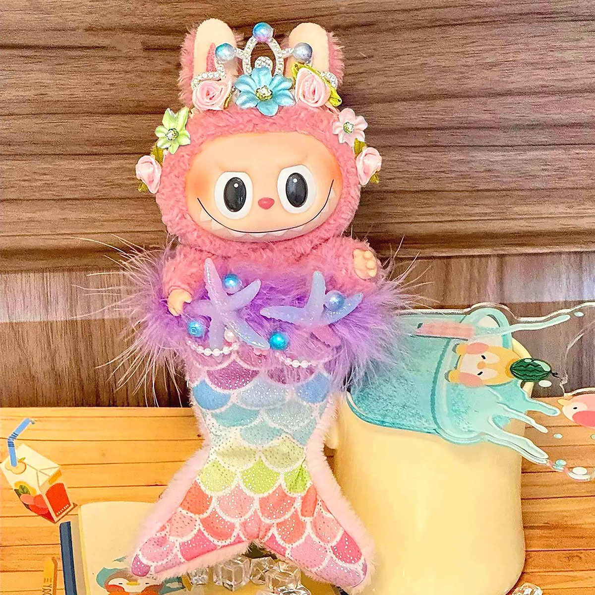Vêtements de poupée en peluche mignons pour Labubu, ensembles de robes de sirène, jupe en perles, couronne de fleurs, couvre-chef, vêtements, accessoires cadeaux