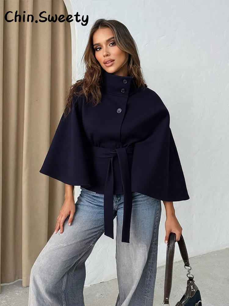 Manteau chic pour femme, style streetwear, à manches chauve-souris, avec ceinture, coupe ample, couleur unie, col montant, simple boutonnage, automne 2026, polyvalent