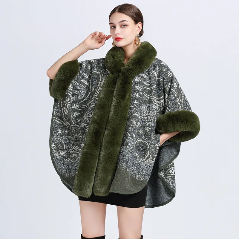 Automne hiver nouvelle Imitation loutre lapin fourrure col Jacquard à capuche châle Cape Imitation laine Ponchos café Capes femmes Cape