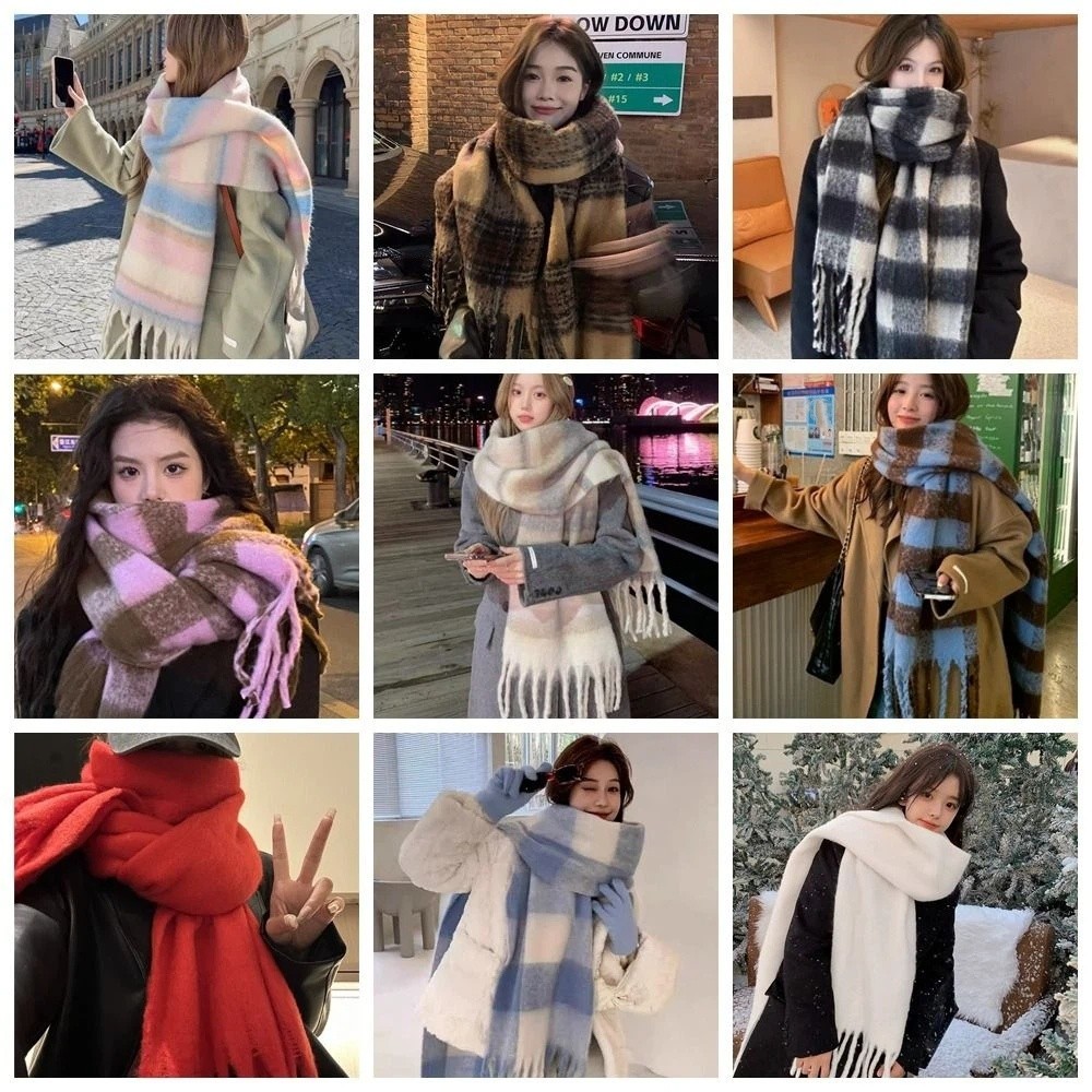 Écharpe en laine mohair à carreaux rétro, écharpe en cachemire épaisse pour l'hiver, écharpe longue à franges, châle chaud pour fille