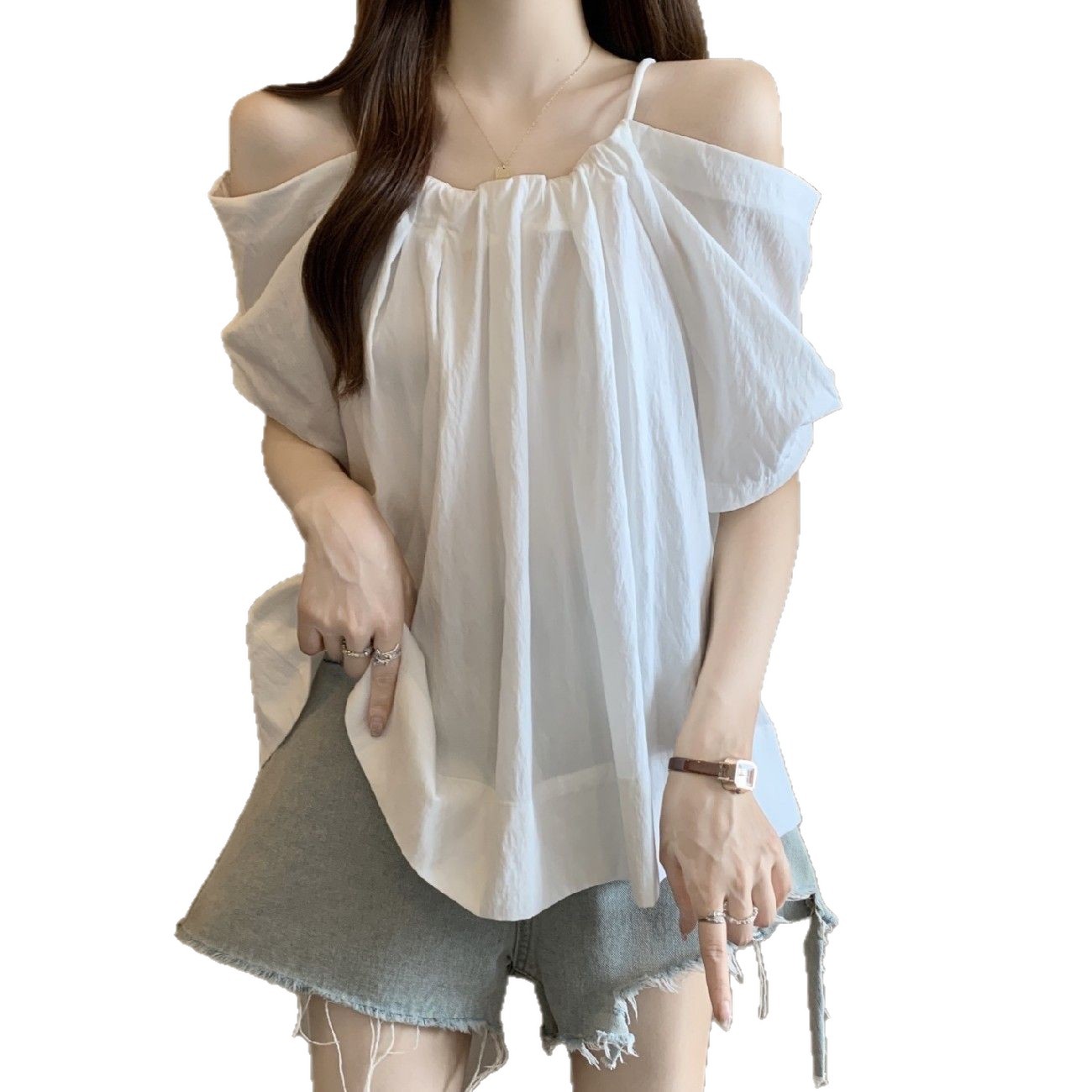 Nouvelle Collection Été – Haut Ample et Amincissant à Cordon de Serrage, Couleur Unie, Polyvalent, Épaule Dénudée, Manches Courtes pour Femmes Rondes