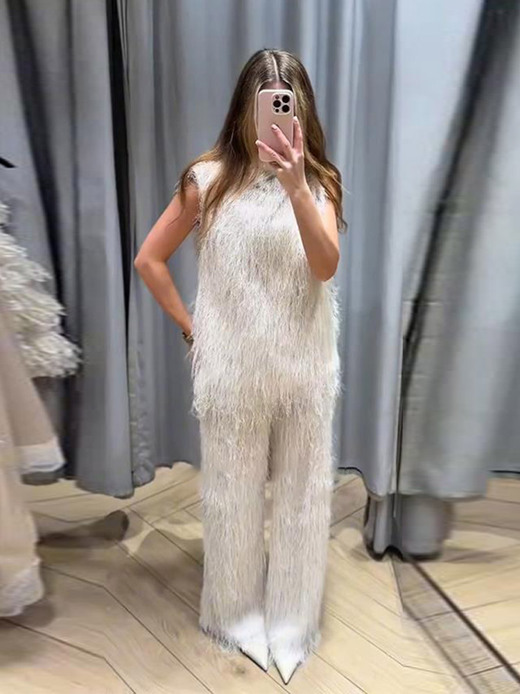 Ensemble pantalon et gilet élégant pour femmes, haut sans manches, Baggy, luxe, fausse fourrure, tenue chaude, nouvelle mode décontractée, printemps 2026