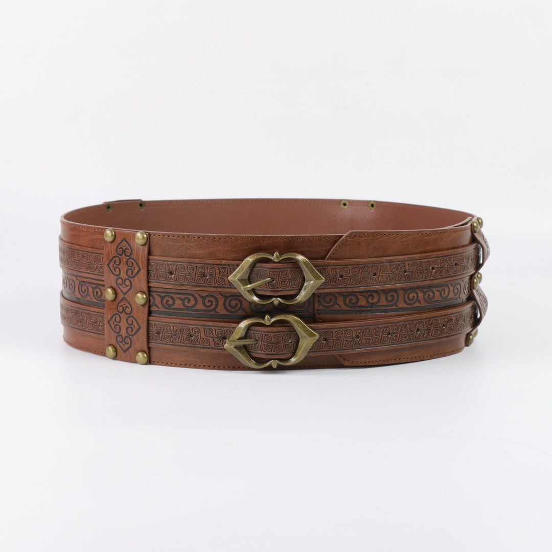 Ceinture large en cuir gaufré style Viking, avec double boucle médiévale pour LARP et Cosplay