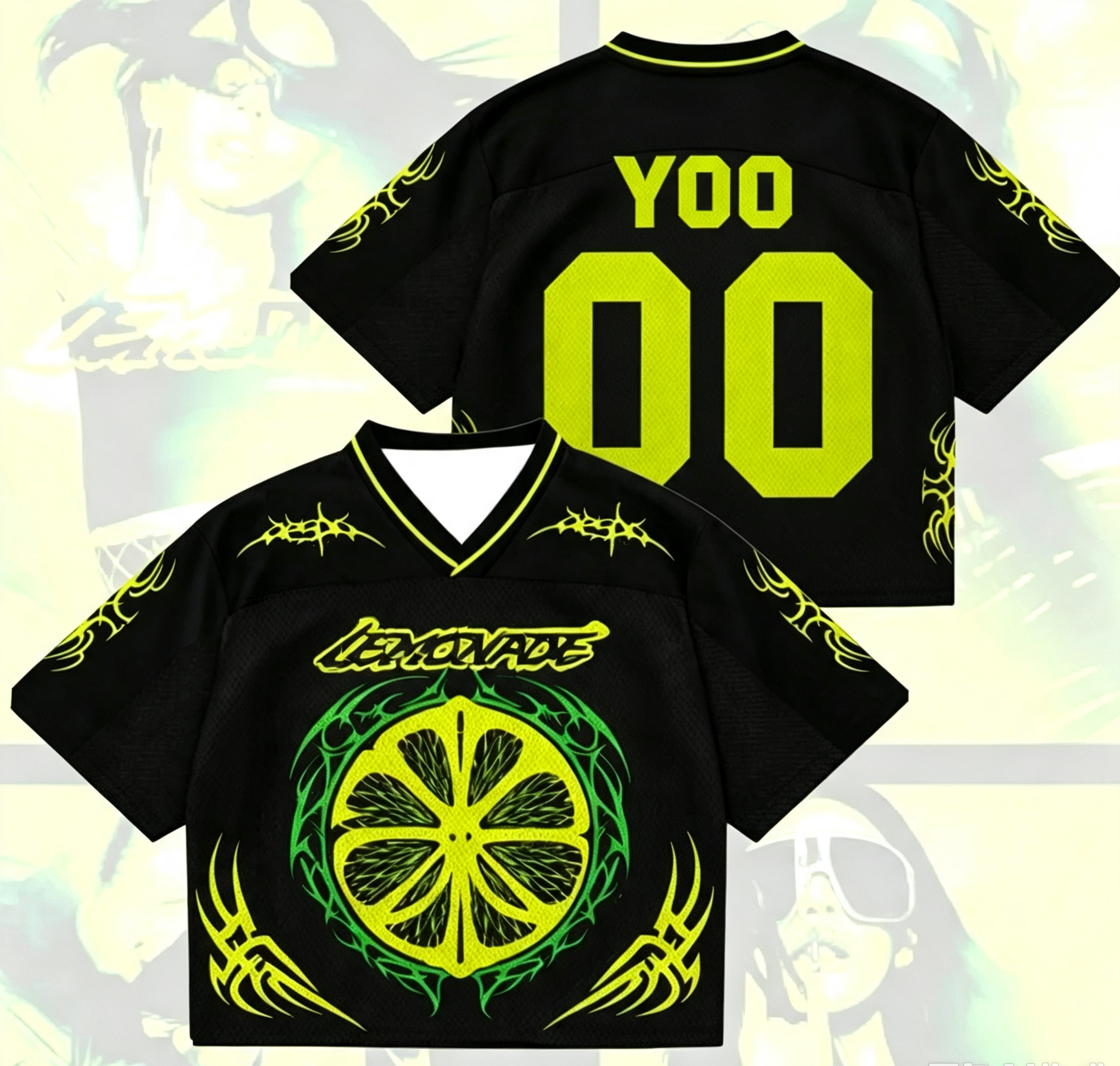 Maillot de football court imprimé citron K‑POP Y2K, en maille de polyester respirante, à manches courtes, streetwear, col en V, hauts de sport unisexes