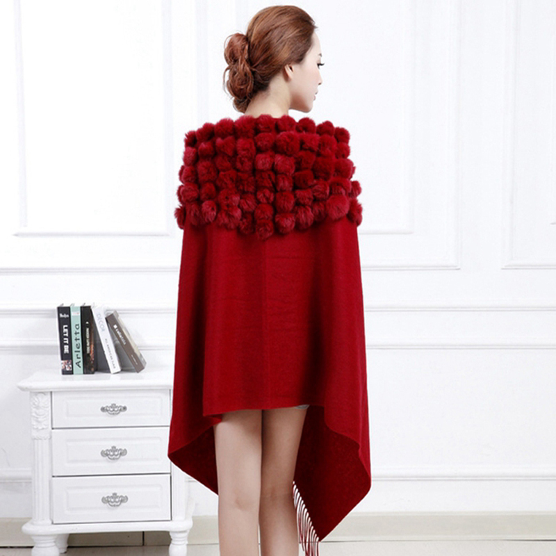 Écharpe d'hiver 100% laine pour femme, châle en vraie fourrure noir, nouveau châle en cachemire pashmina avec pompon en fourrure de lapin, écharpe cape chaude d'automne
