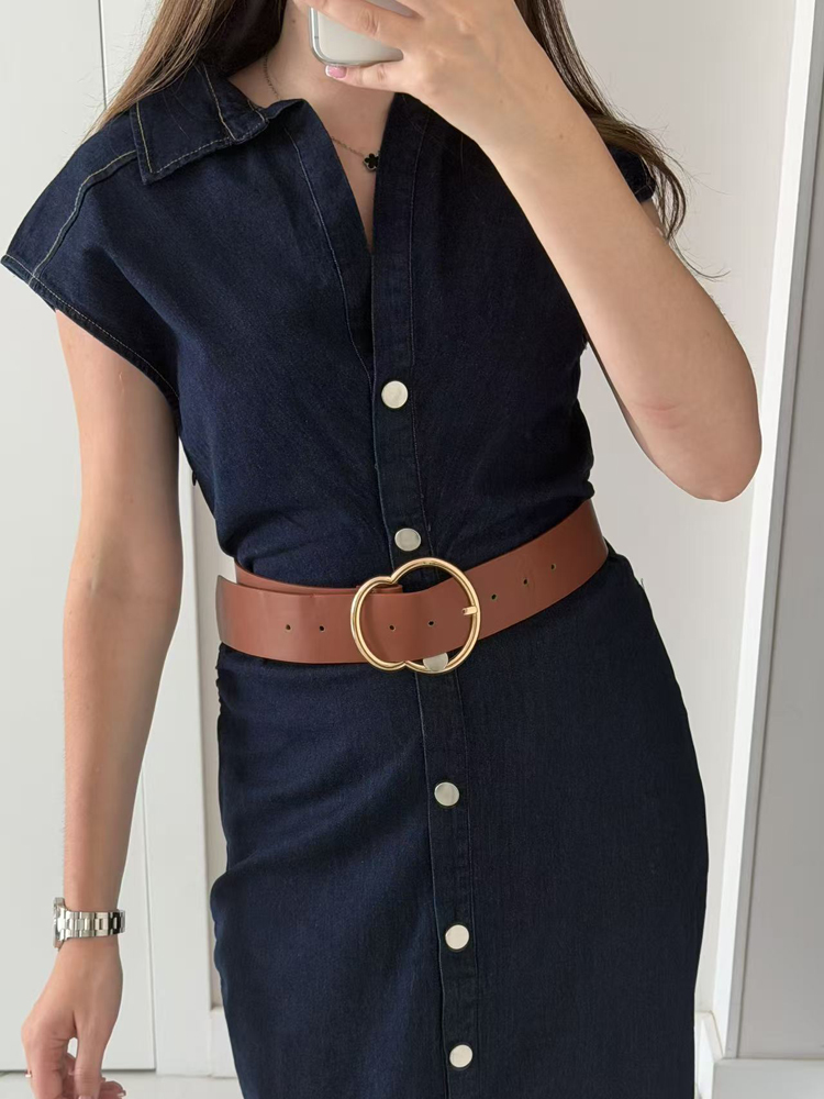 FSMG Nouvelle Robe en Jean Unie à Col Revers et Boutonnage Simple, Élégante, Sans Manches, Plissée, Coupe Ajustée, pour Femme de Bureau, Vêtements Tendance