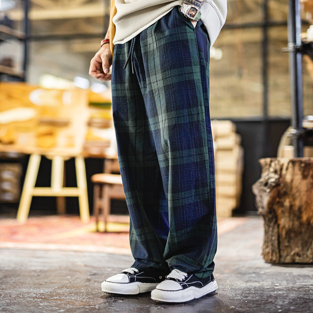 Maden Pantalon tartan vintage pour homme Pantalon léger en seersucker avec taille élastique Pantalon décontracté classique pour l'été et l'automne