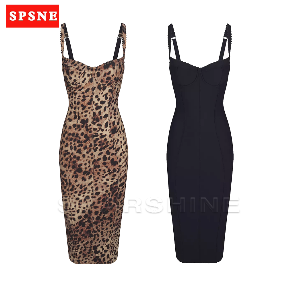 Robe Sexy imprimé léopard pour femmes, sans manches, ajustée, extensible, moulante, mi-mollet, Clubwear, robes de soirée