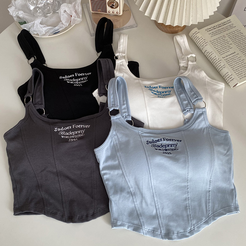 Débardeur avec lettres brodées pour femmes, avec coussinet de soutien-gorge, Camis décontracté Y2K, haut court pour femmes, ceinture d'épaule, anneau en fer