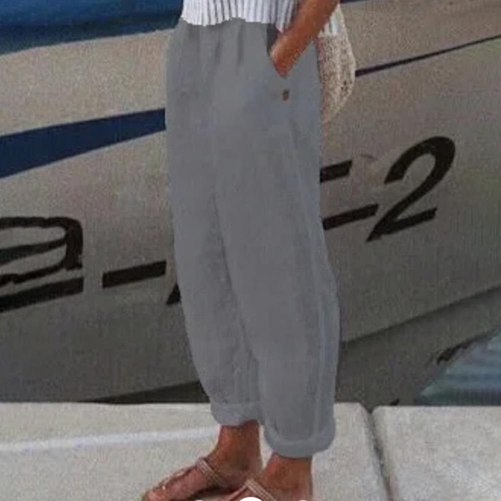 Coton lin femmes sarouel couleur unie poches été taille élastique Baggy pantalon couleur Pure pantalons de survêtement élégant pantalons décontractés