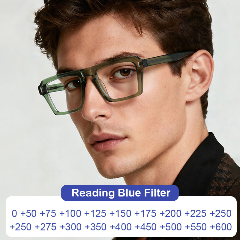 Lunettes de lecture optiques pour hommes, design géométrique, lunettes carrées vertes à la mode, anti-reflets, filtre de lumière bleue +225 +3