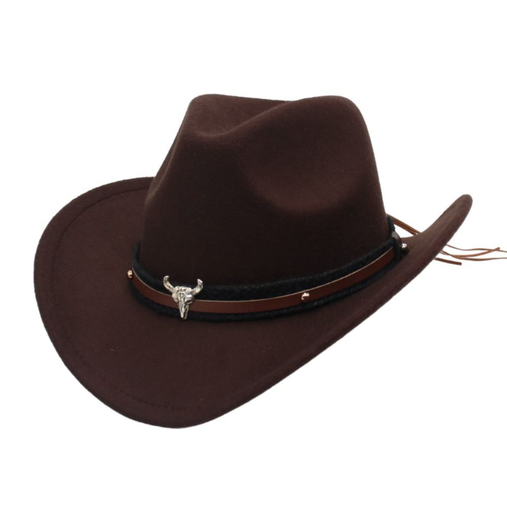 Nouveau Chapeau de Cowboy Western en Feutre à Bord Roulé, Style Ethnique Tibétain, Chapeau Haut de Forme avec Bandeau à Motif Vache et Ceinture Tête de Bœuf, Chapeaux Fedora Jazz pour Hommes