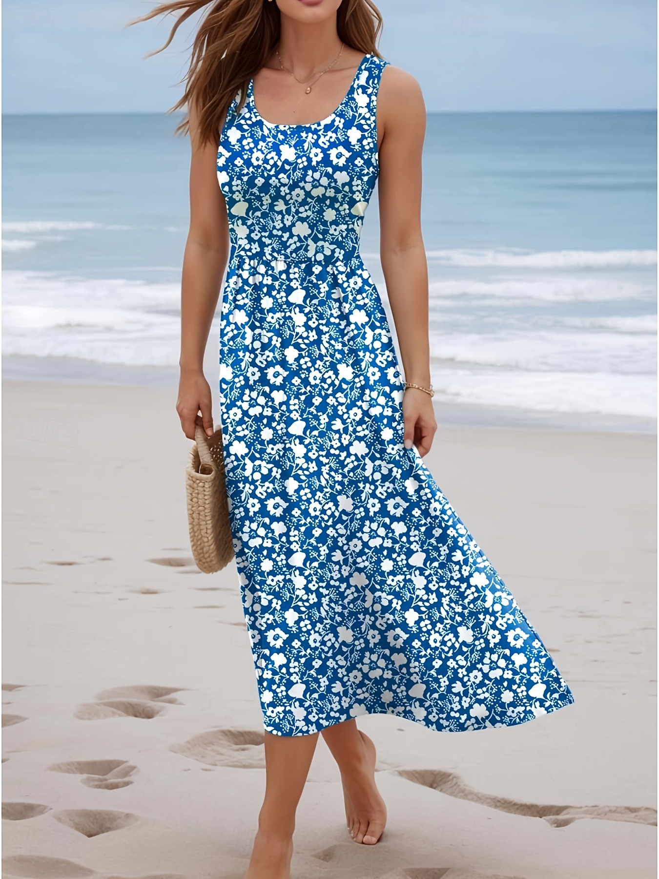 Robe longue d'été sans manches pour femme, col en U, imprimé floral bohème, fluide, décontractée, pour la plage et les vacances