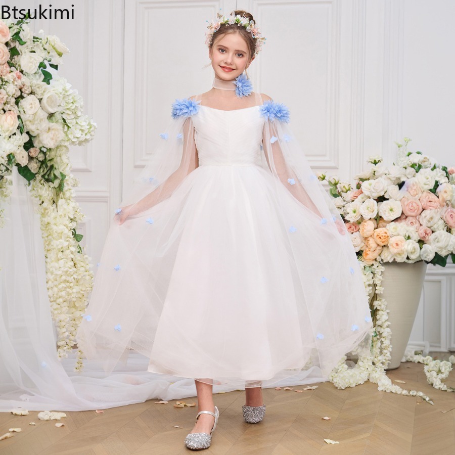 Robe de soirée de mariage à fleurs pour filles, Tutu de princesse, à la mode, en dentelle, vêtements d'anniversaire, de soirée d'été, nouvelle robe de bal