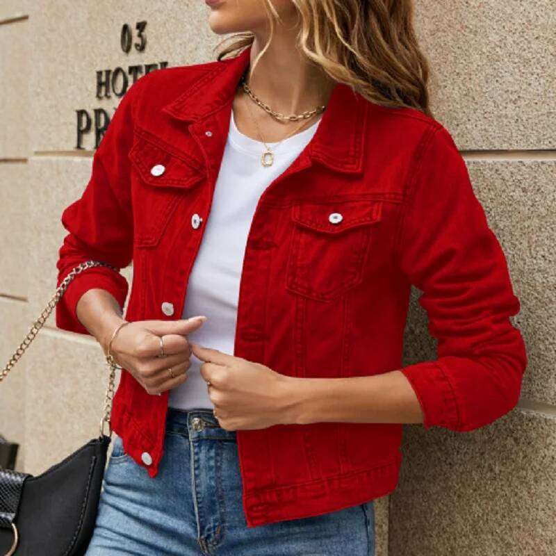Veste en Jean pour femmes 2025 couleur unie noir bleu jaune rose rouge décontracté à manches longues boutonné poche poitrine Jean veste dame
