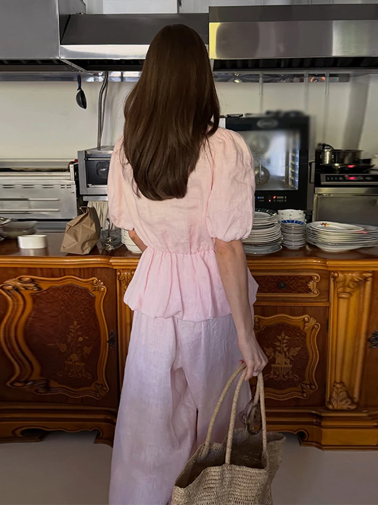 Ensemble décontracté pour femme : chemise à volants et col en V profond à manches courtes bouffantes, pantalon large à revers amples – Nouvelle collection été 2026