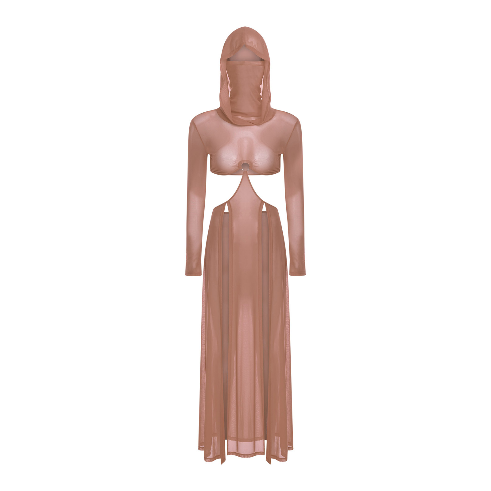 Robe transparente pour femmes, Maxi, fente haute, masque facial à capuche, manches longues, ajourée, Cover-Up pour les maillots de bain, robe en maille Sexy