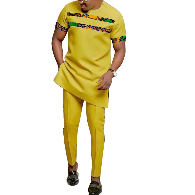 Mode africaine jaune hommes ensemble tenues à manches courtes hauts Patch pantalon nigérian imprimé mâle pantalon costumes tenue de fête personnalisé