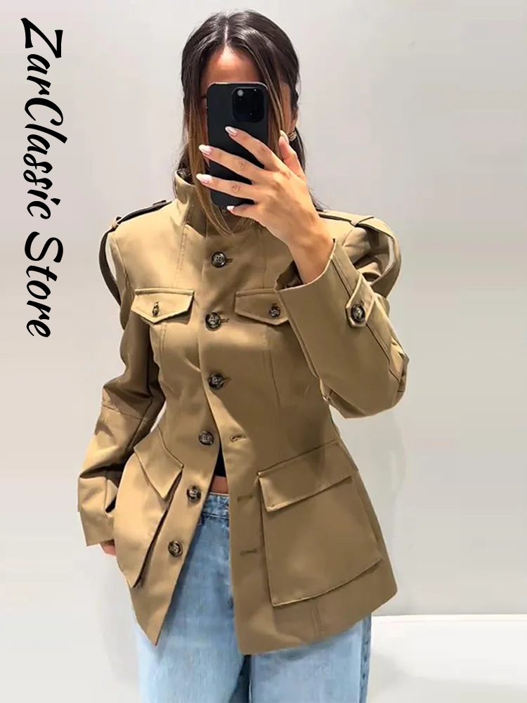 Vestes Vintage à col montant pour femmes, kaki, taille fine, poches à simple boutonnage, manteaux à manches longues, vêtements d'extérieur pour dames, automne 2025