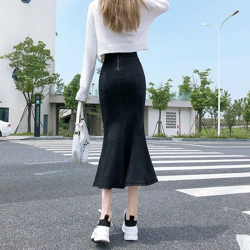 Jupe en denim taille haute à volants pour femmes, nouvelle jupe en queue de poisson commandée, jupes polyvalentes décontractées pour femmes, printemps et automne 2025