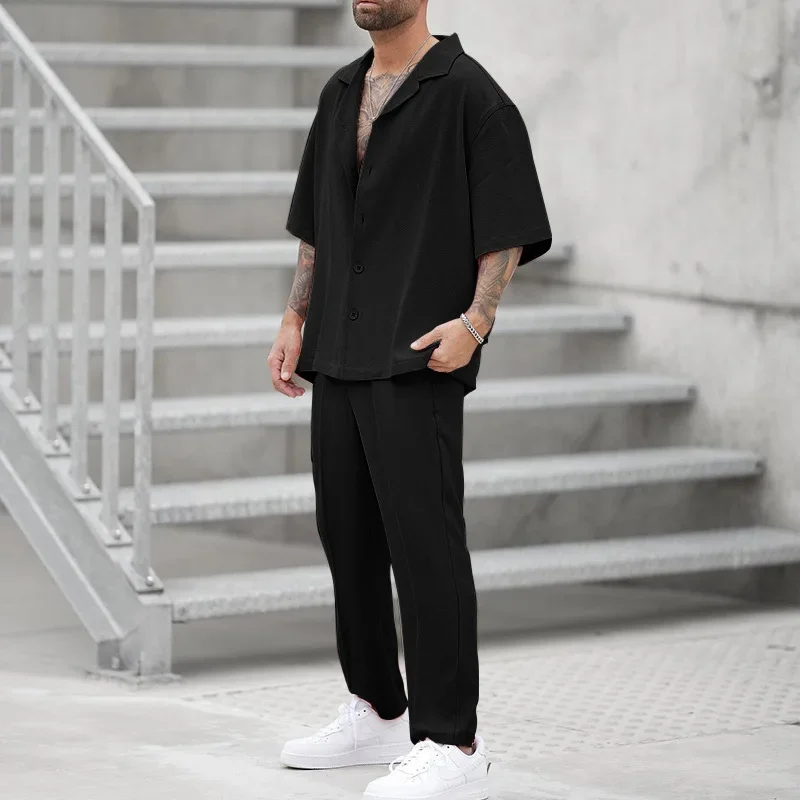 Ensemble Chemise et Pantalon à Revers pour Homme, Vêtements Décontractés, Couleur Unie, Manches Courtes, Costumes 2 Pièces, Tenues de Loisirs, Été