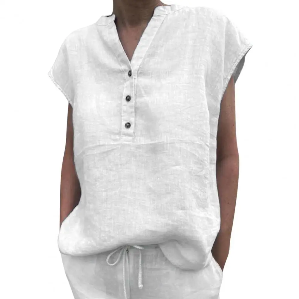 Femmes T-shirt coton lin été Blouse couleur unie Simple à manches courtes col en V séchage rapide vêtements quotidiens Ropa Mujer Blusas