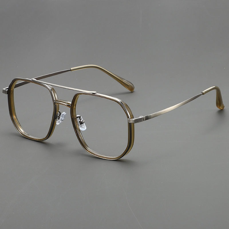 Lunettes de pilote unisexe style steampunk en métal, monture carrée polygonale, anti-lumière bleue, pour ordinateur, verres transparents, double pont