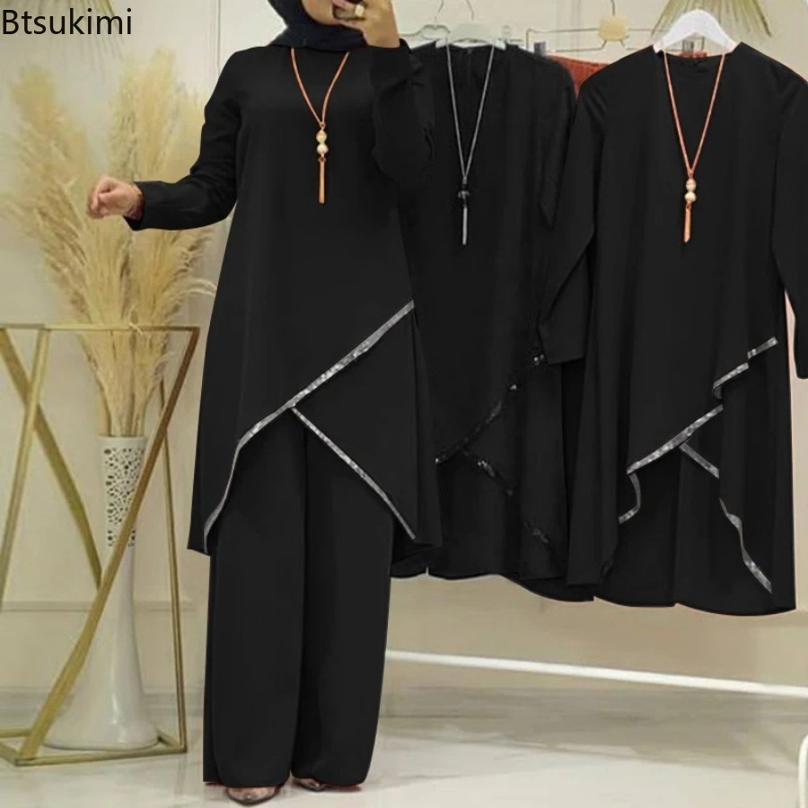 Ensembles de pantalons larges pour femmes musulmanes, mode, sequins, vêtements islamiques, ensembles assortis amples, survêtement, chemisier à manches longues, ensembles Abaya