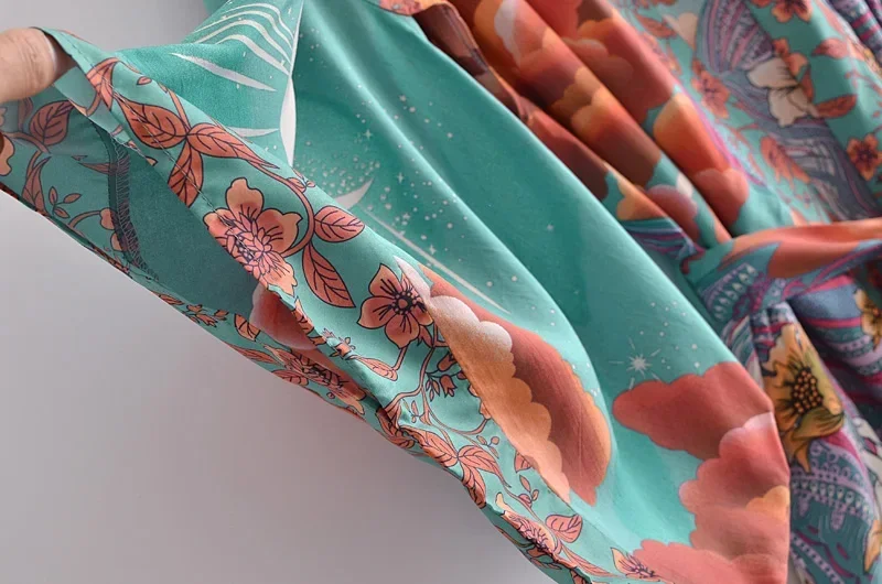 Boho Dinner ens-Robe Kimono pour Femme, Imprimé Floral, Manches Chauve-Souris, Plage, Bohème, Col en V, Rayonne, Coton, Robe Courte