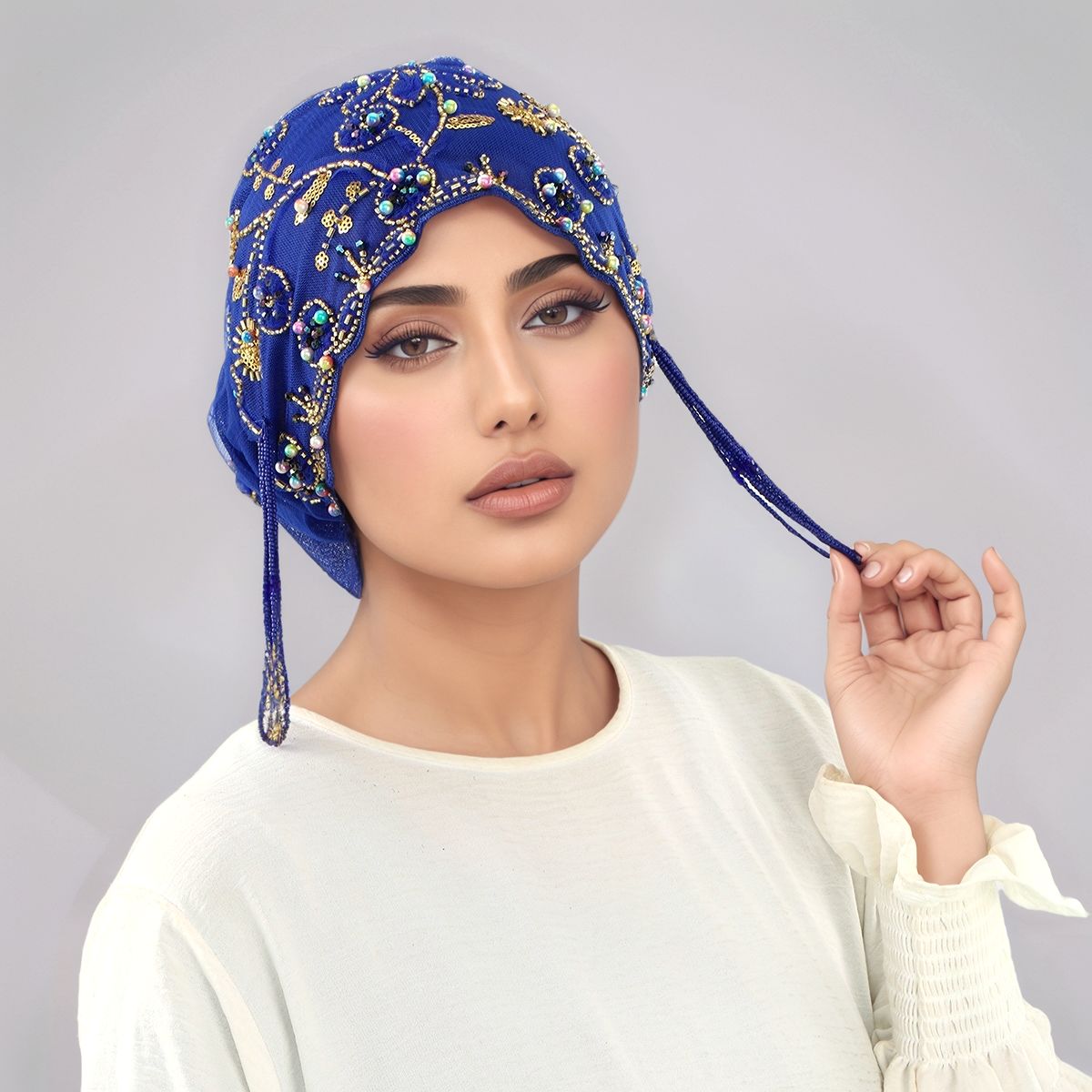 Chapeau de perles en dentelle musulmane, casquettes en tissu maille, Tube de perles associé à un fil de diamant acrylique, chapeau brodé pour femmes arabes de dubaï