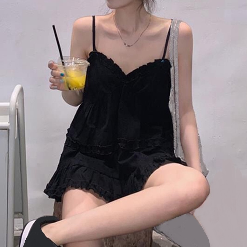 Femmes Style coréen Camisole sans manches blanc noir gilet volants dos nu col en v hauts vacances d'été plage mode vêtements