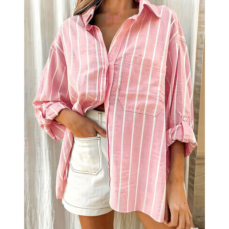 Chemise rayée à col polo ample pour femme, pour le printemps et l'été, élégante, décontractée, haut polyvalent