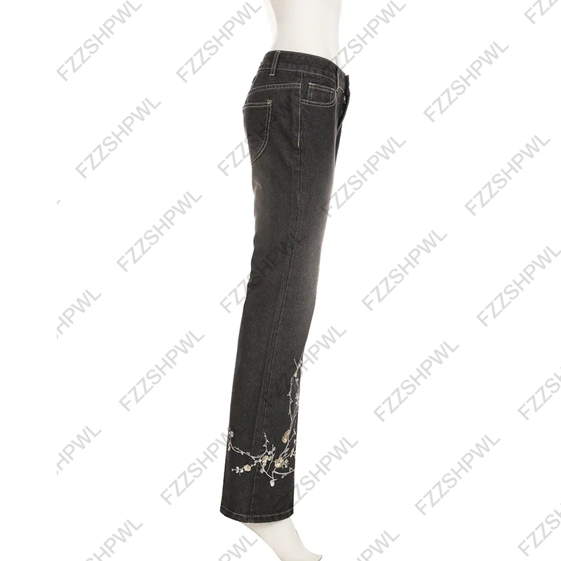 Jean brodé à fleurs pour femmes, pantalon évasé rétro taille basse, tricot ample, Style basique, assorti avec tout, Streetwear des années 2000, printemps et automne