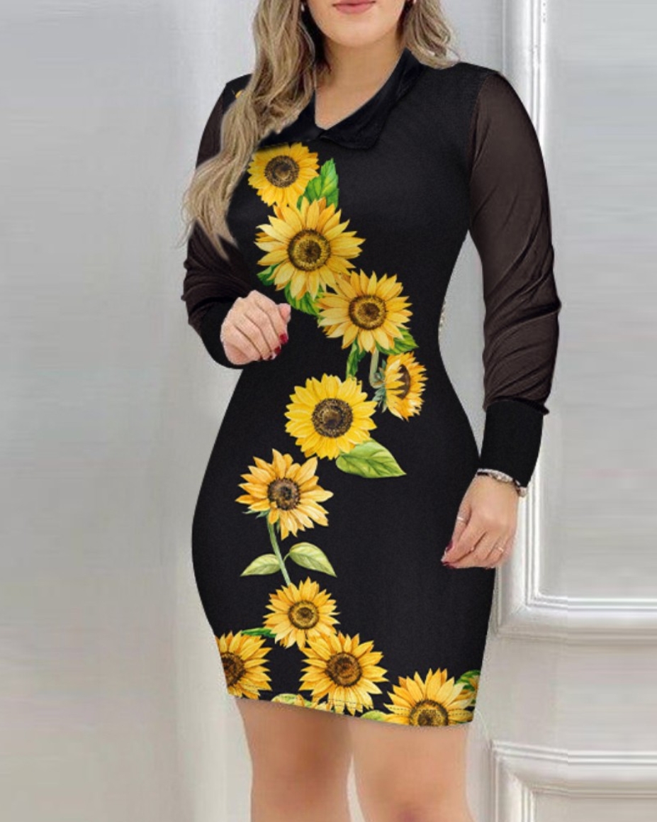 Robe élégante pour femmes automne maille à manches longues col rabattu robe imprimée