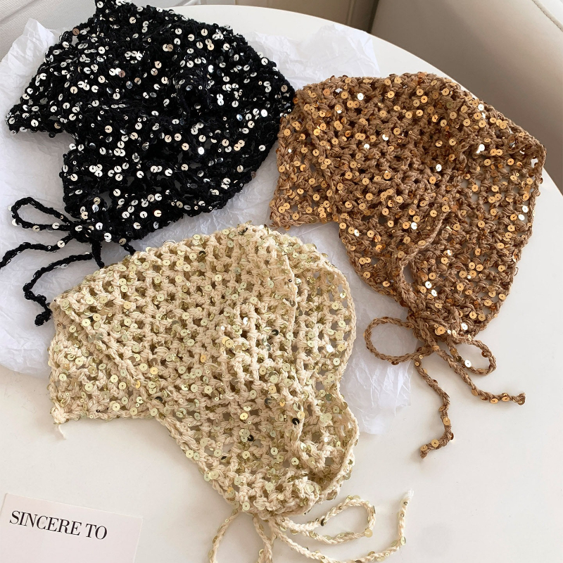 Foulard de tête en maille à sequins au crochet pour femme, style bohème, tricot ajouré, turban à nouer, chapeau, couvre-cheveux vintage, bandeau pour plage, festival, fête